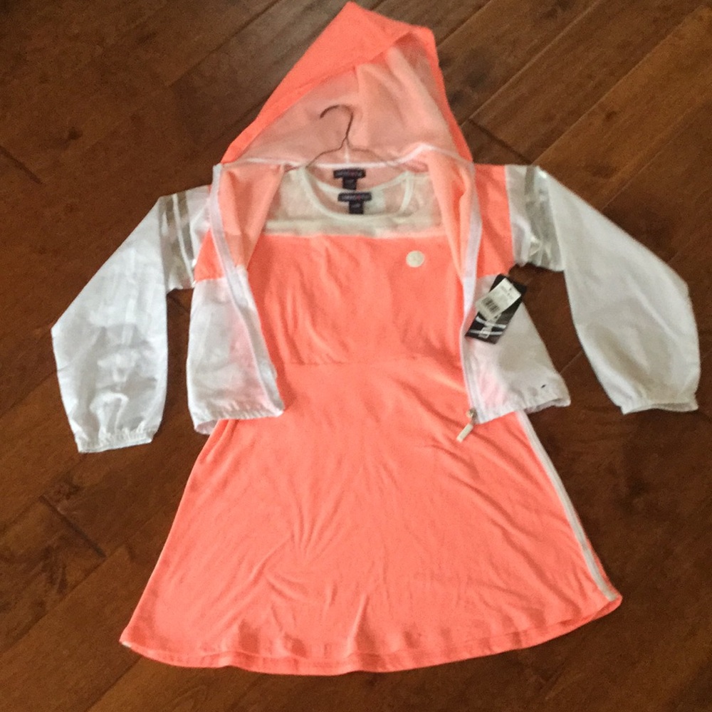 Coral and white fishnet windbreaker and soft dress